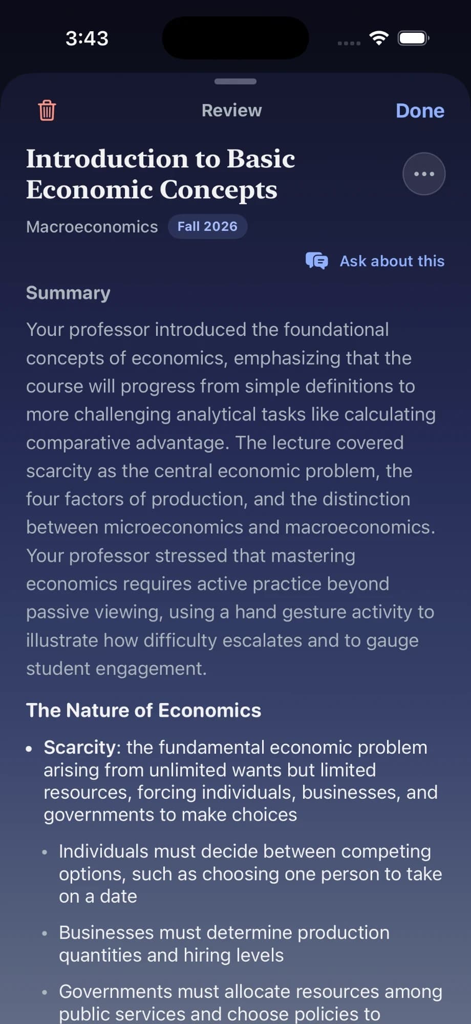 Lecture notes with a summary and sections