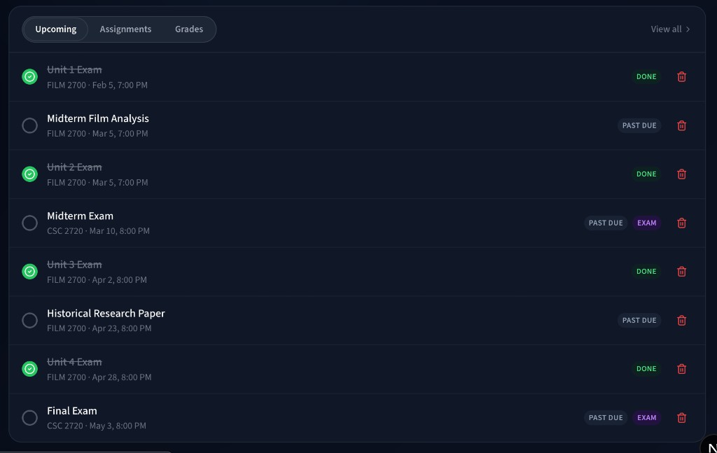 CourseConnect dashboard — Upcoming deadlines and exams